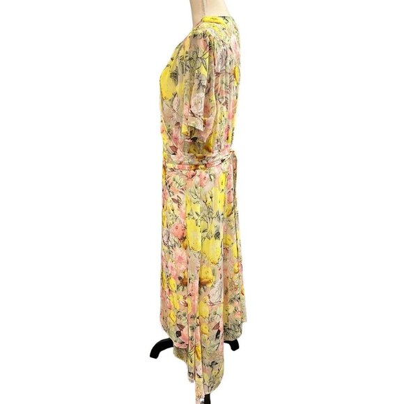 INC Wrap Dress Womens 20W Yellow Floral Midi Semi Sheer Lined Flowy Romantic - Picture 2 of 9